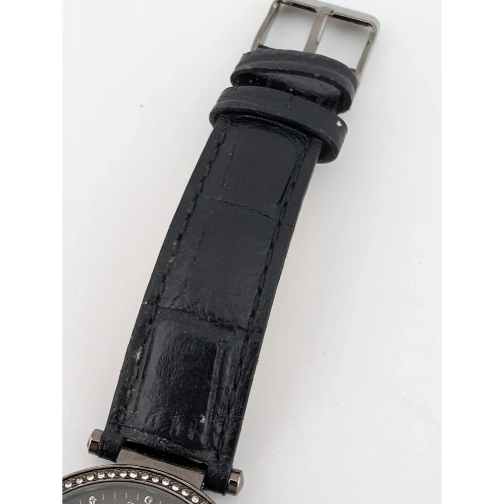 IMAN‎ Women's Watch 36mm Case Crystal Bezel Black Leather Band- New Battery